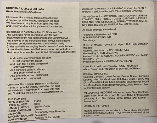 John Denver : Christmas, Like A Lullaby (Cass, Album)