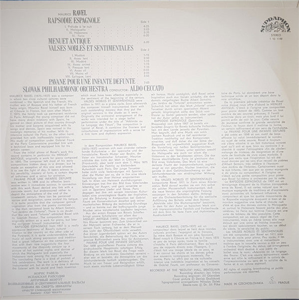 Ravel* - Slovak Philharmonic Orchestra / Aldo Ceccato : Rapsodie Espagnole / Menuet Antique / Valses Nobles Et Sentimentales / Pavane Pour Une Infante Defunte (LP)