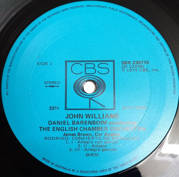 Joaquín Rodrigo / Heitor Villa-Lobos / John Williams (7), Daniel Barenboim, English Chamber Orchestra : Concierto De Aranjuez / Concerto For Guitar And Small Orchestra (LP)