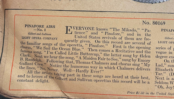 Light Opera Company* : Pinafore Airs (Edison Disc, Etc)