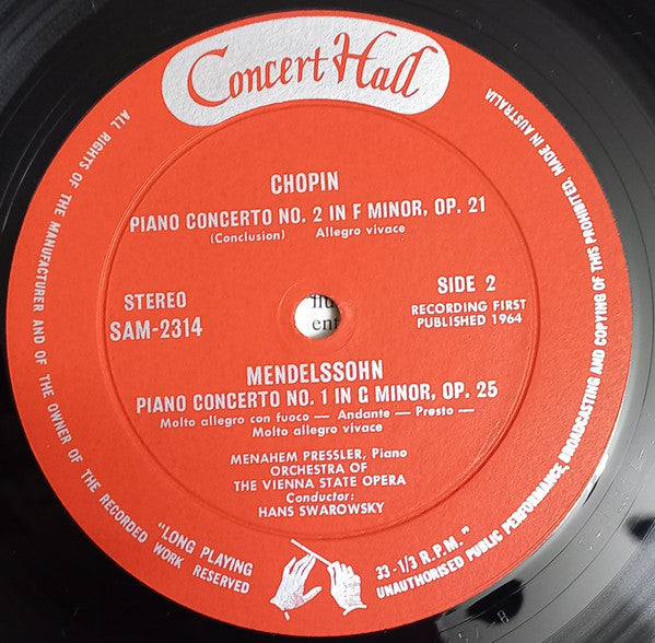 Frédéric Chopin Chopin Felix Mendelssohn-Bartholdy : Chopin Piano Concerto no.2 in F Minor - Mendelssohn Piano Concerto no.1 in G Minor (LP, Fli)