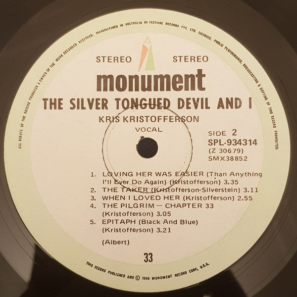Kris Kristofferson : The Silver Tongued Devil And I (LP, Album, Tex)