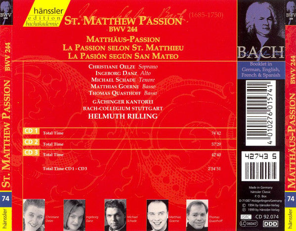 Johann Sebastian Bach - Gächinger Kantorei*, Bach-Collegium Stuttgart*, Helmuth Rilling : St. Matthew Passion BWV 244 (3xCD, Album, RE)