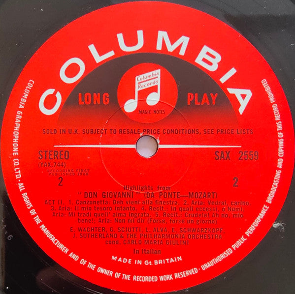 Wolfgang Amadeus Mozart And Philharmonia Orchestra Conducted By Carlo Maria Giulini With Joan Sutherland, Elisabeth Schwarzkopf, Luigi Alva, Graziella Sciutti And Eberhard Wächter : Don Giovanni Highlights (LP)