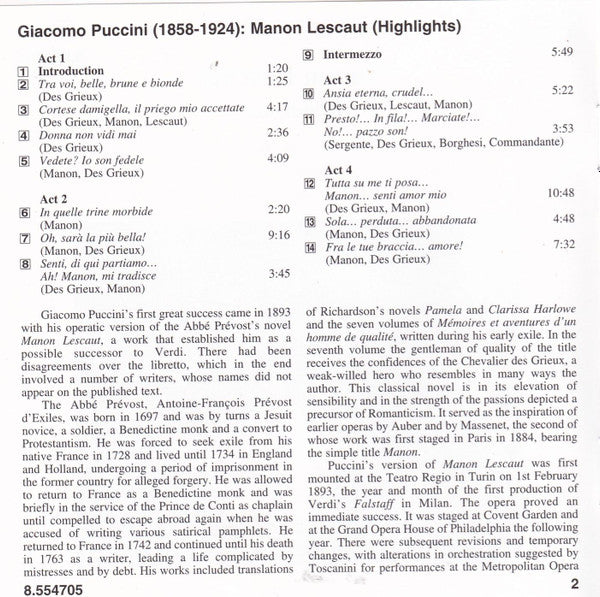 Giacomo Puccini - Miriam Gauci, Vicente Sardinero, Kałudi Kałudow, Belgian Radio And Television Choir, Jaak Gregoor Choir, Belgian Radio And Television Philharmonic Orchestra, Alexander Rahbari : Manon Lescaut (Highlights) (CD, Album, RE)
