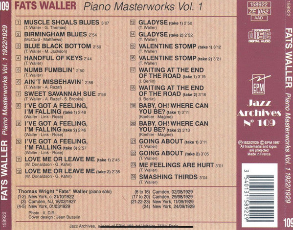 Fats Waller : Piano Masterworks Vol. 1 1922/1929 (CD, Comp, RM, AAD)