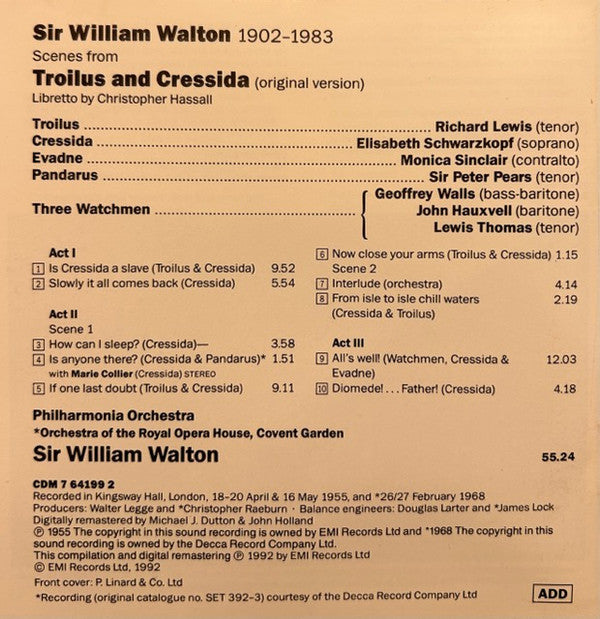 Walton* - Richard Lewis · Elisabeth Schwarzkopf · Monica Sinclair · Peter Pears · Philharmonia Orchestra · Sir William Walton : Scenes From Troilus & Cressida (Original Version) (CD, Comp, Mono, RM)
