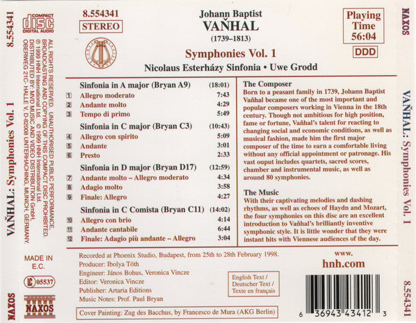 Johann Baptist Vanhal, Nicolaus Esterházy Sinfonia, Uwe Grodd : Symphonies Vol. 1 (Sinfonia In D Major • Sinfonia In C Major / Sinfonia In A Major • Sinfonia In C Comista) (CD, Album)