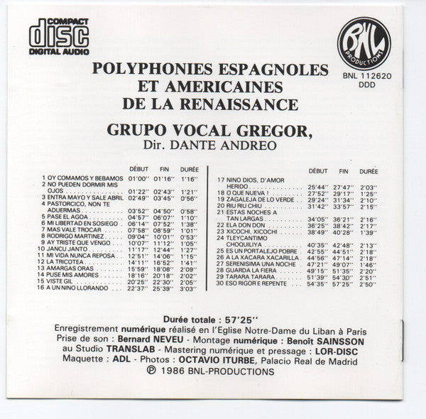 Grupo Vocal Gregor direction: Dante Andreo : Polyphonies Espagnoles Et Américaines De La Renaissance (CD, Album)