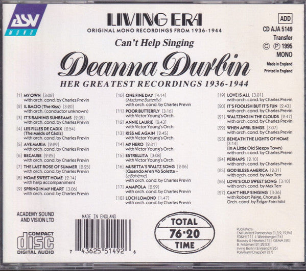Deanna Durbin : Can't Help Singing (Her Greatest Recordings 1936 - 1944) (CD, Comp, Mono)