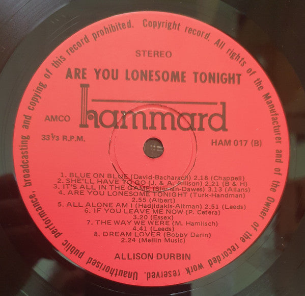 Allison Durbin : Are You Lonesome Tonight (LP, Album, Gat)
