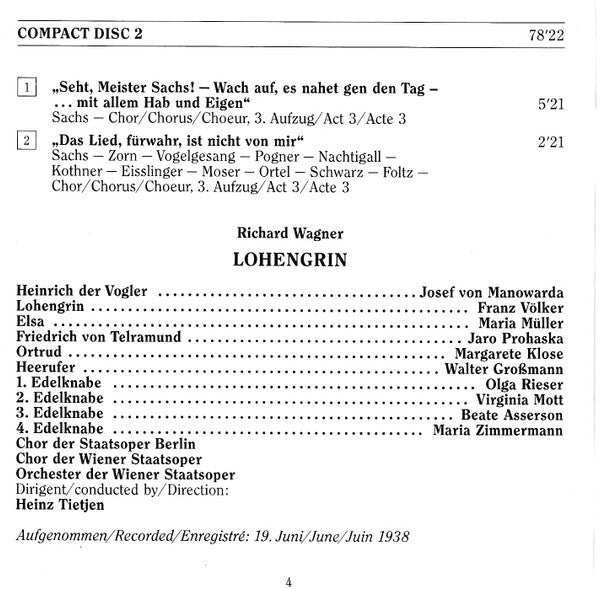 Richard Wagner : Lohengrin (1938), Die Meistersinger Von Nürnberg (1944), Highlights - Edition Wiener Staatsoper Live Vol. 18 (2xCD, Comp, Mono, RM)