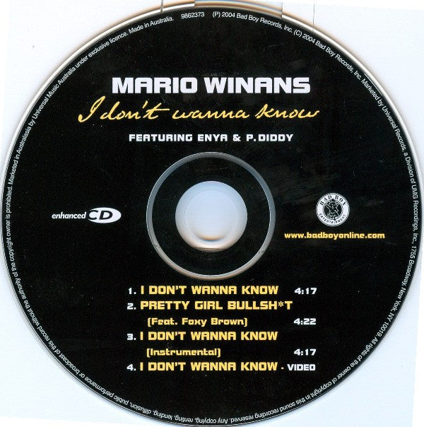 Mario Winans Featuring Enya & P. Diddy : I Don't Wanna Know (CD, Maxi, Enh)