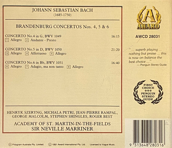 Bach* - Szeryng*, Petri*, Rampal*, Malcolm*, Shingles*, Best* - Academy Of St. Martin-in-the-Fields*, Neville Marriner* : Brandenburg Concertos Nos. 4, 5 & 6 (CD, Album, RE)