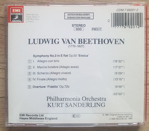 Beethoven*, Kurt Sanderling, Philharmonia Orchestra : Symphony No. 3 In E Flat Op. 55 'Eroica' • Overture 'Fidelio' Op. 72b (CD, Album)