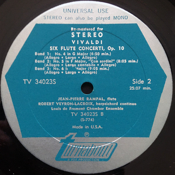 Antonio Vivaldi, Jean-Pierre Rampal, Robert Veyron-Lacroix, Orchestre De Chambre Louis De Froment : Six Flute Concerti, Opus 10 (LP, RM)