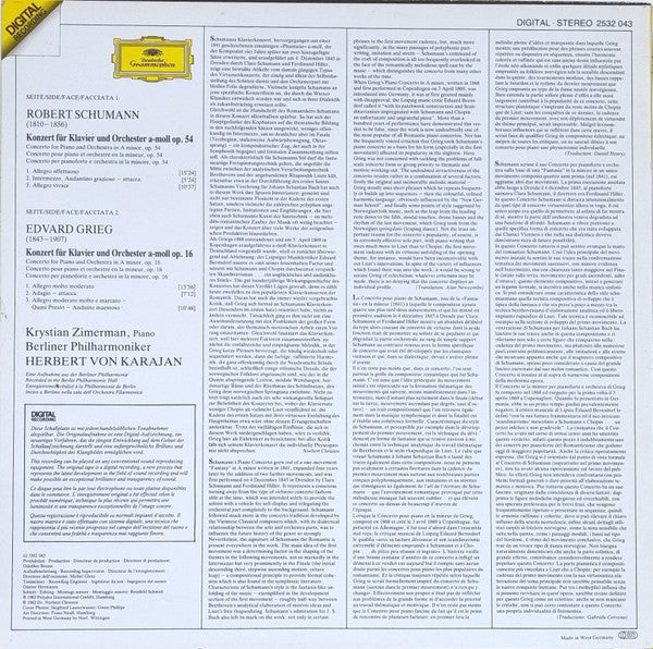 Schumann* / Grieg* – Berliner Philharmoniker, Krystian Zimerman · Herbert Von Karajan : Klavierkonzerte · Piano Concertos (LP, RP)