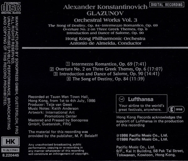 Alexander Konstantinovich Glazunov*, Hong Kong Philharmonic Orchestra, Antonio De Almeida : Orchestral Works Vol. 3 (CD, Album)