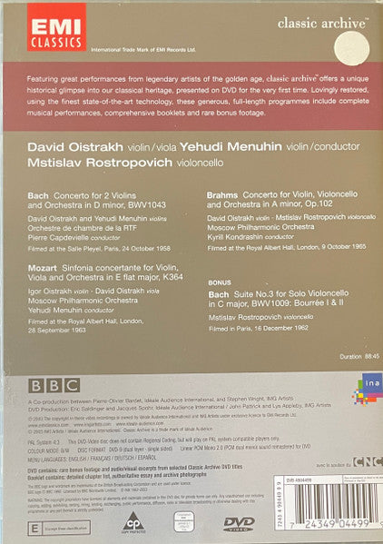 Oistrakh*, Menuhin*, Rostropovich*, J.S. Bach*, Brahms*, Mozart* : Double Concerto / Double Concerto / Sinfonia Concertante (DVD-V, Mono, PAL, B/W)
