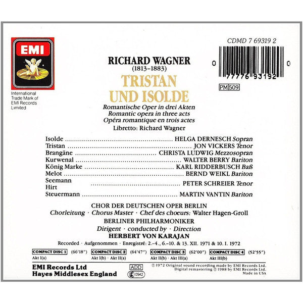 Richard Wagner - Jon Vickers, Helga Dernesch, Christa Ludwig, Walter Berry, Karl Ridderbusch, Chor der Deutschen Oper Berlin, Berliner Philharmoniker, Herbert von Karajan : Tristan Und Isolde (4xCD, RM + Box, Album, RE, Sli)