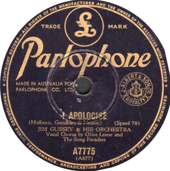 Jim Gussey And His Orchestra : Too Young / I Apologise (Shellac, 10")