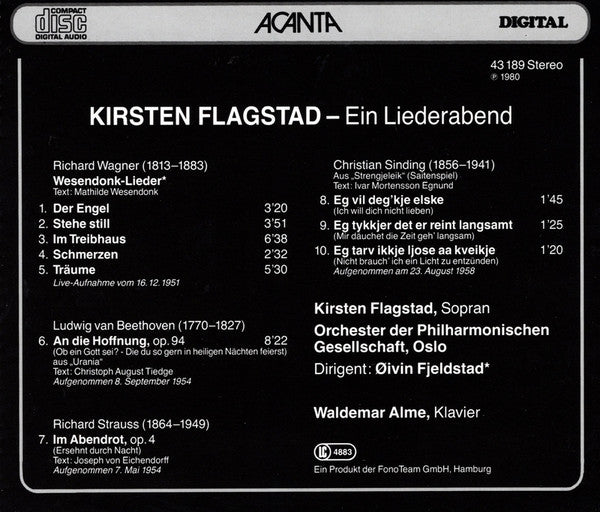 Richard Wagner / Ludwig van Beethoven / Richard Strauss / Christian Sinding - Kirsten Flagstad : Ein Liederabend (CD, Album, RE)