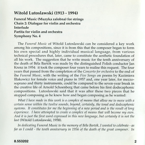 Witold Lutoslawski, Krzysztof Bąkowski, Wielka Orkiestra Symfoniczna Polskiego Radia W Katowicach, Antoni Wit : Symphony No. 4 / Partita For Violin And Orchestra / Chain II • Funeral Music • Interlude (CD, Album)