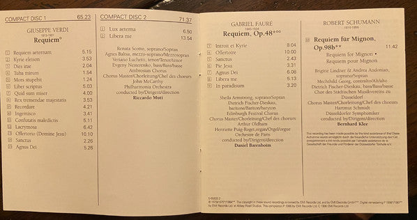 Giuseppe Verdi, Robert Schumann, Gabriel Fauré, Daniel Barenboim, Bernhard Klee, Riccardo Muti : Requiem (2xCD, Comp)