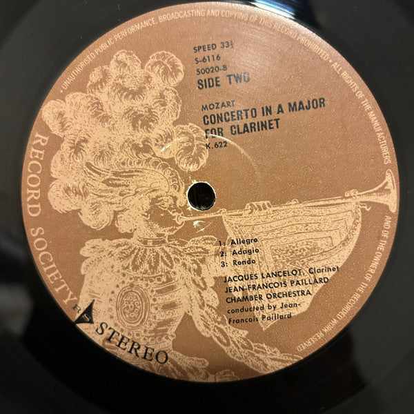 Mozart* / Jacques Lancelot (Clarinet) / Lily Laskine (Harp) / Jean-Pierre Rampal (Flute) / Jean-Francois Paillard Chamber Orchestra* : Clarinet Concerto (K. 622) / Flute & Harp Concerto (K.299) (LP, Album, Club, RE)