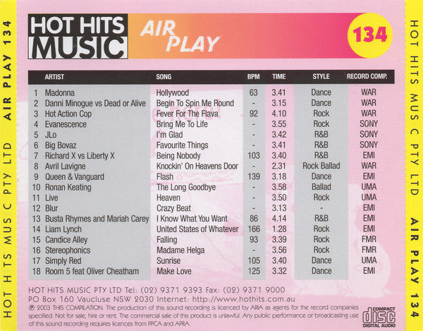 Various : Hot Hits Music - Air Play 134 (CD, Comp, Promo)