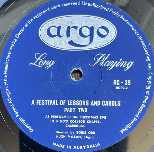 The Choir Of King's College* Directed By Boris Ord : A Festival Of Lessons And Carols (LP, Mono)
