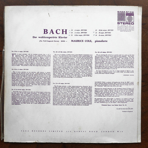 J. S. Bach* – Maurice Cole : Das Wohltemperirte Klavier Vol 6 (LP, RM)