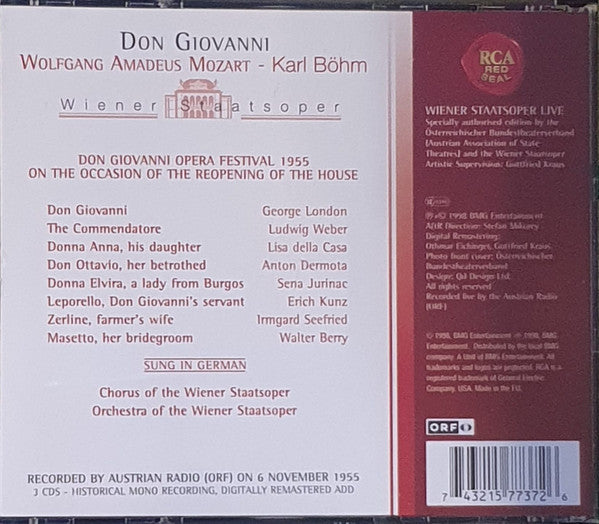 Wolfgang Amadeus Mozart, George London (2), Ludwig Weber, Anton Dermota, Suzanne Danco, Lisa Della Casa, Sena Jurinac, Irmgard Seefried, Orchester Der Wiener Staatsoper, Karl Böhm, Erich Kunz, Walter Berry : Don Giovanni (3xCD, RE)
