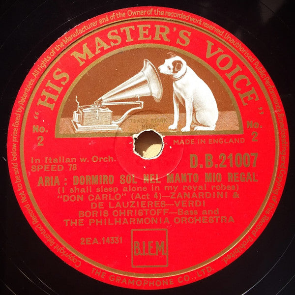 Boris Christoff : Ella Giammai M'amò! (She Has Never Loved Me!) / Dormiro Sol Nel Manto Mio Regal (I Shall Sleep Alone In My Royal Robes) (Shellac, 12", Mono)