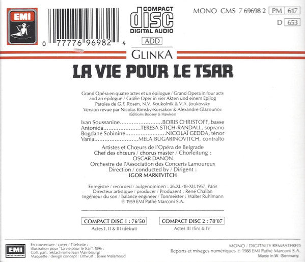Mikhail Ivanovich Glinka - Boris Christoff, Teresa Stich-Randall, Nicolai Gedda, Orchestre De L'Association Des Concerts Lamoureux, Igor Markevitch : La Vie Pour Le Tsar (2xCD, Album, RE)