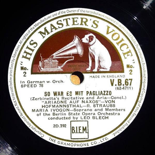 Maria Ivogün : Grossmächtige Prinzessin (Zerbinetta's Recitative And Aria - Part 1) / So War Es Mit Pagliazzo (Zerbinetta's Recitative And Aria - Concl.) (Shellac, 12", Mono)