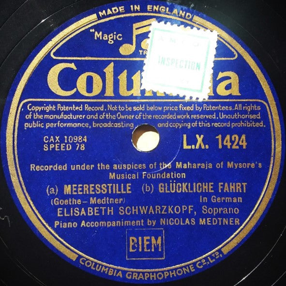 Elisabeth Schwarzkopf : Meeresstille / Glückliche Fahrt / Die Quelle / Selbsbetrug (Shellac, 12", Mono)