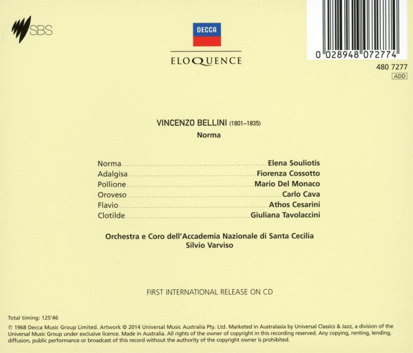 Vincenzo Bellini, Silvio Varviso, Elena Souliotis, Fiorenza Cossotto, Mario del Monaco, Carlo Cava, Giuliana Tavolaccini, Athos Cesarini, Giorgio Kirschner : Norma (2xCD, Ltd)
