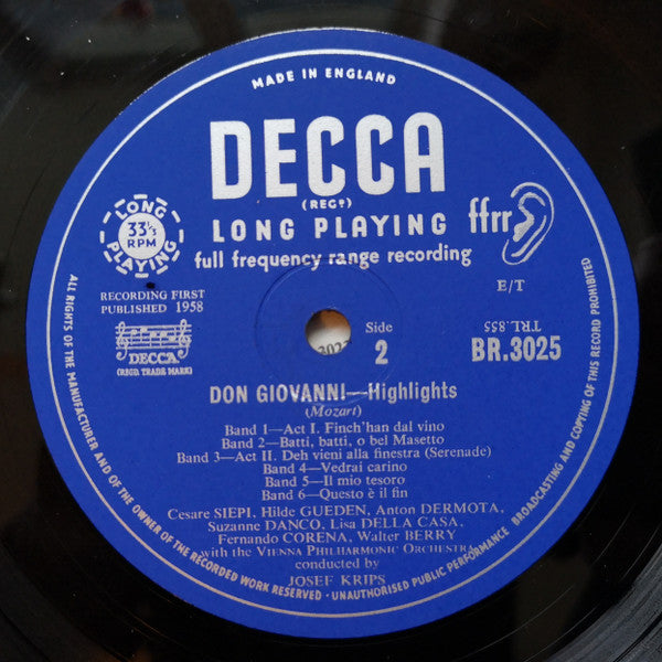 Wolfgang Amadeus Mozart, Wiener Philharmoniker, Josef Krips : Don Giovanni Highlights (10", Mono, RE)
