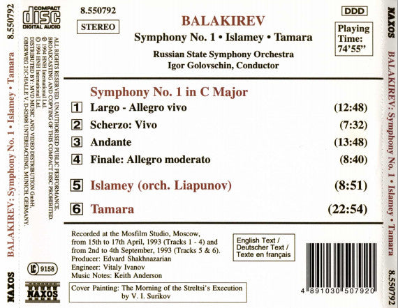 Mily Balakirev - Russian State Symphony Orchestra, Igor Golovschin : Symphony No. 1 / Islamey / Tamara (CD, Album)