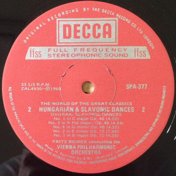 Johannes Brahms & Antonín Dvořák, Fritz Reiner, Wiener Philharmoniker : Hungarian & Slavonic Dances (LP)