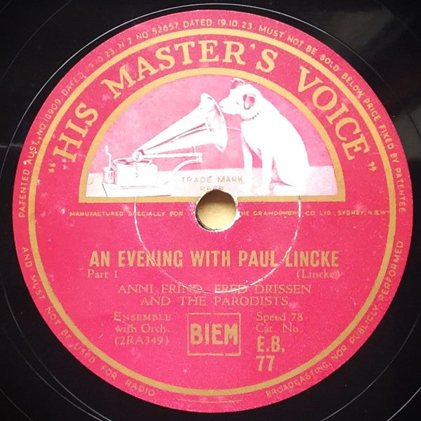 Anni Frind, Fred Drissen, The Parodists : An Evening With Paul Lincke (Shellac, 12", Mono)