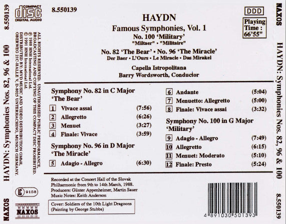 Haydn*, Capella Istropolitana, Barry Wordsworth : Famous Symphonies, Vol 1 (No.100 'Military' / No.82 'The Bear' / No.96 'The Miracle') (CD, Album)