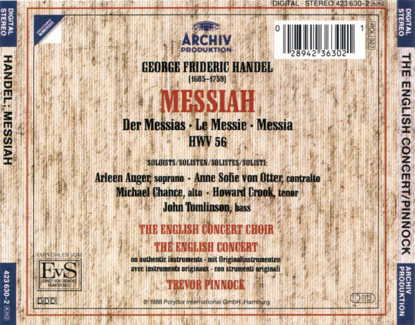 George Frideric Handel* - Arleen Auger · Anne Sofie von Otter · Michael Chance · Howard Crook · John Tomlinson (2) · The English Concert & Choir* · Trevor Pinnock : Messiah (2xCD, Album)
