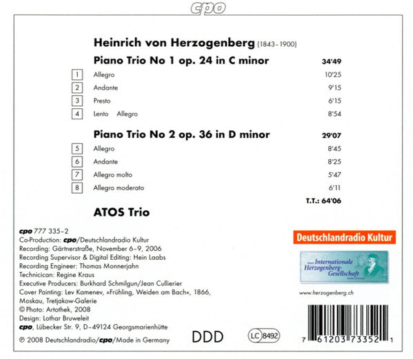 Heinrich Von Herzogenberg, Atos Trio : Piano Trios 1 & 2 (CD, Album)