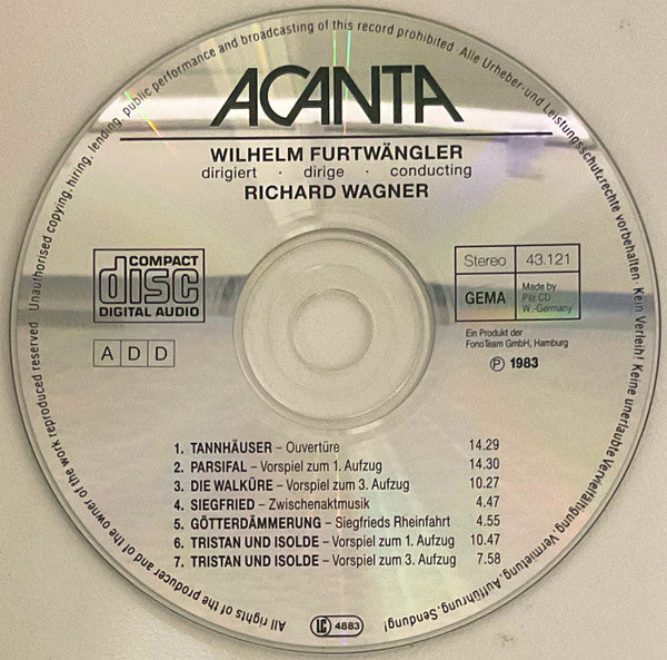 Wilhelm Furtwängler Dirigiert Richard Wagner : Wilhelm Furtwängler Dirigiert · Dirige · Conducting Richard Wagner (CD, Comp, Mono)