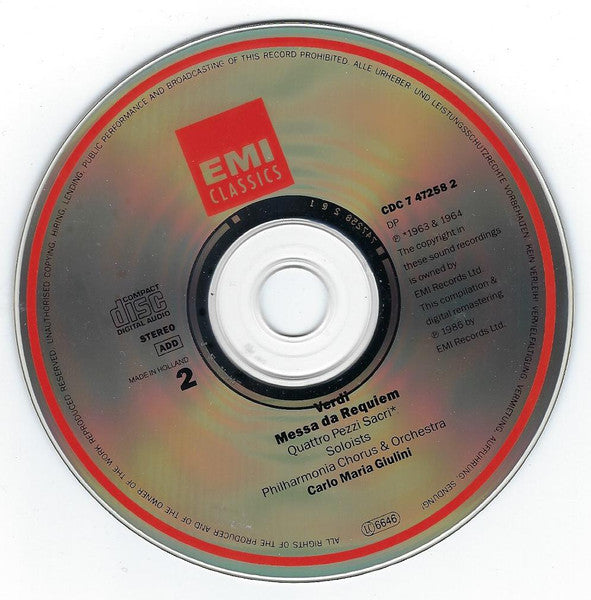Verdi*, Schwarzkopf*, Ludwig*, Gedda*, Ghiaurov*, Baker*, Giulini*, Philharmonia Chorus & Orchestra* : Requiem / Quattro Pezzi Sacri (2xCD, Comp, RM)