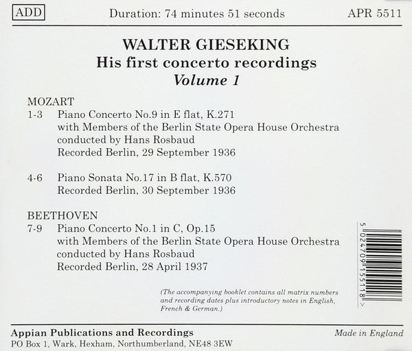 Walter Gieseking : His First Concerto Recordings (CD)
