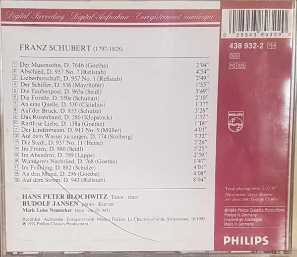Schubert*, Hans Peter Blochwitz, Rudolf Jansen : Lieder (CD, Album)