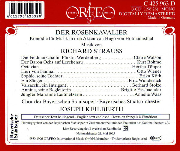 Richard Strauss - Claire Watson, Brigitte Fassbaender, Fritz Wunderlich, Kurt Böhme, Joseph Keilberth, Hertha Töpper, Otto Wiener, Gerhard Stolze, Annelie Waas : Der Rosenkavalier (3xCD, Album, Mono, RM)